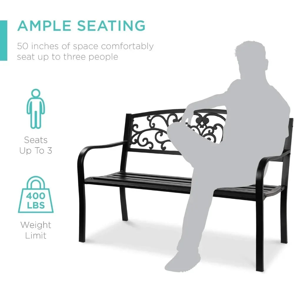 Outdoor Bench Steel Garden Patio Porch Furniture for Lawn, Park, Deck w/Floral Design Backrest, Slatted Seat