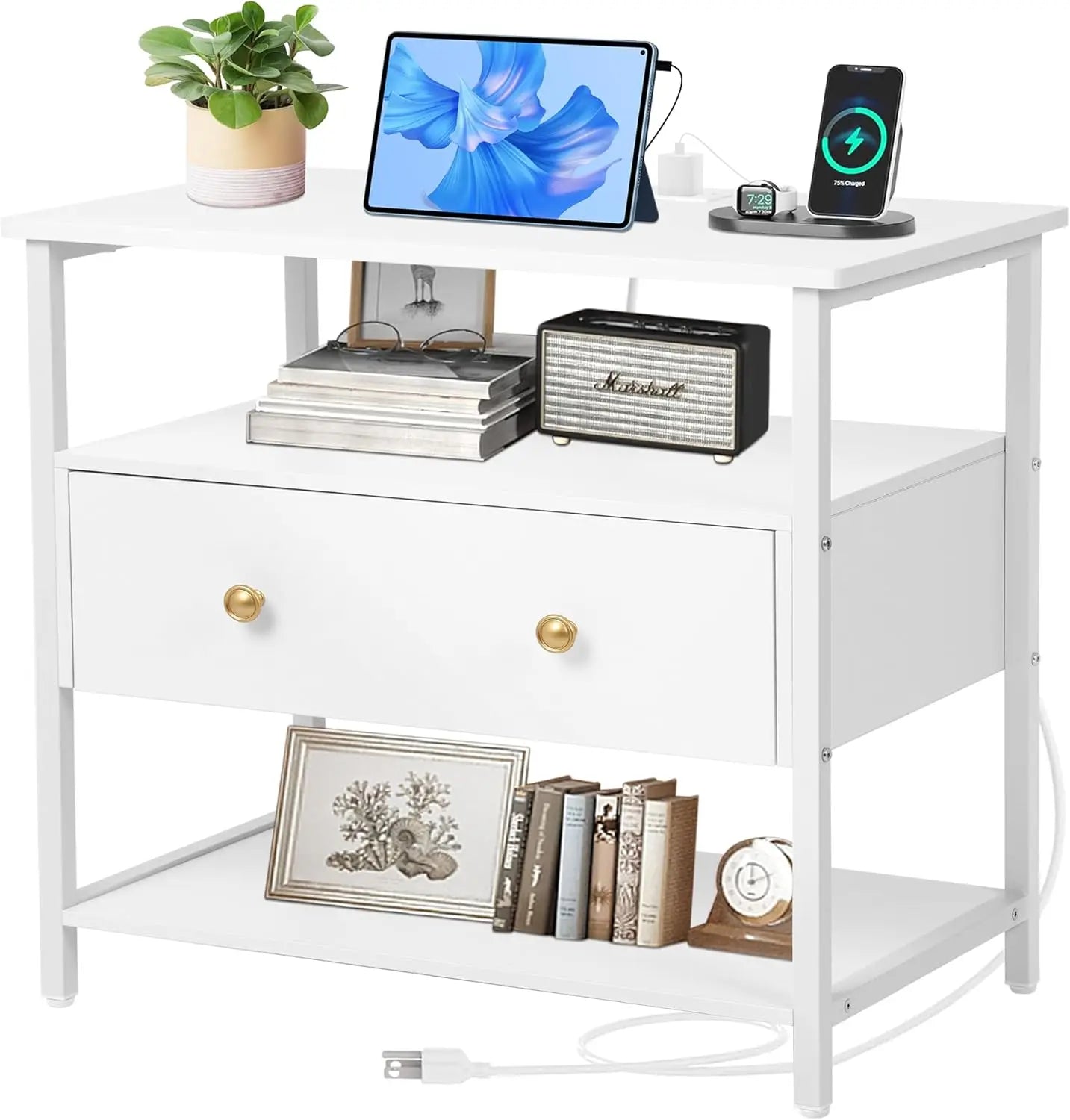 27 inch Nightstand Side Table with 1 Layer of Wooden Drawers，Nightstand with Charging Station,End Table Bedside Table