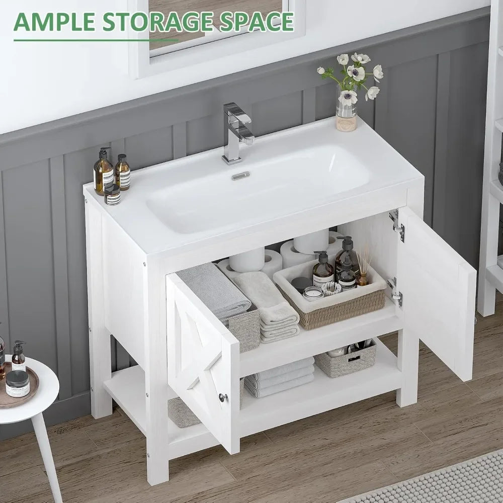 Farmhouse Bathroom Vanity with Sink, 35 Inch Bathroom Vanity Cabinet, Freestanding Vanity, 2 Doors and Open Shelf,