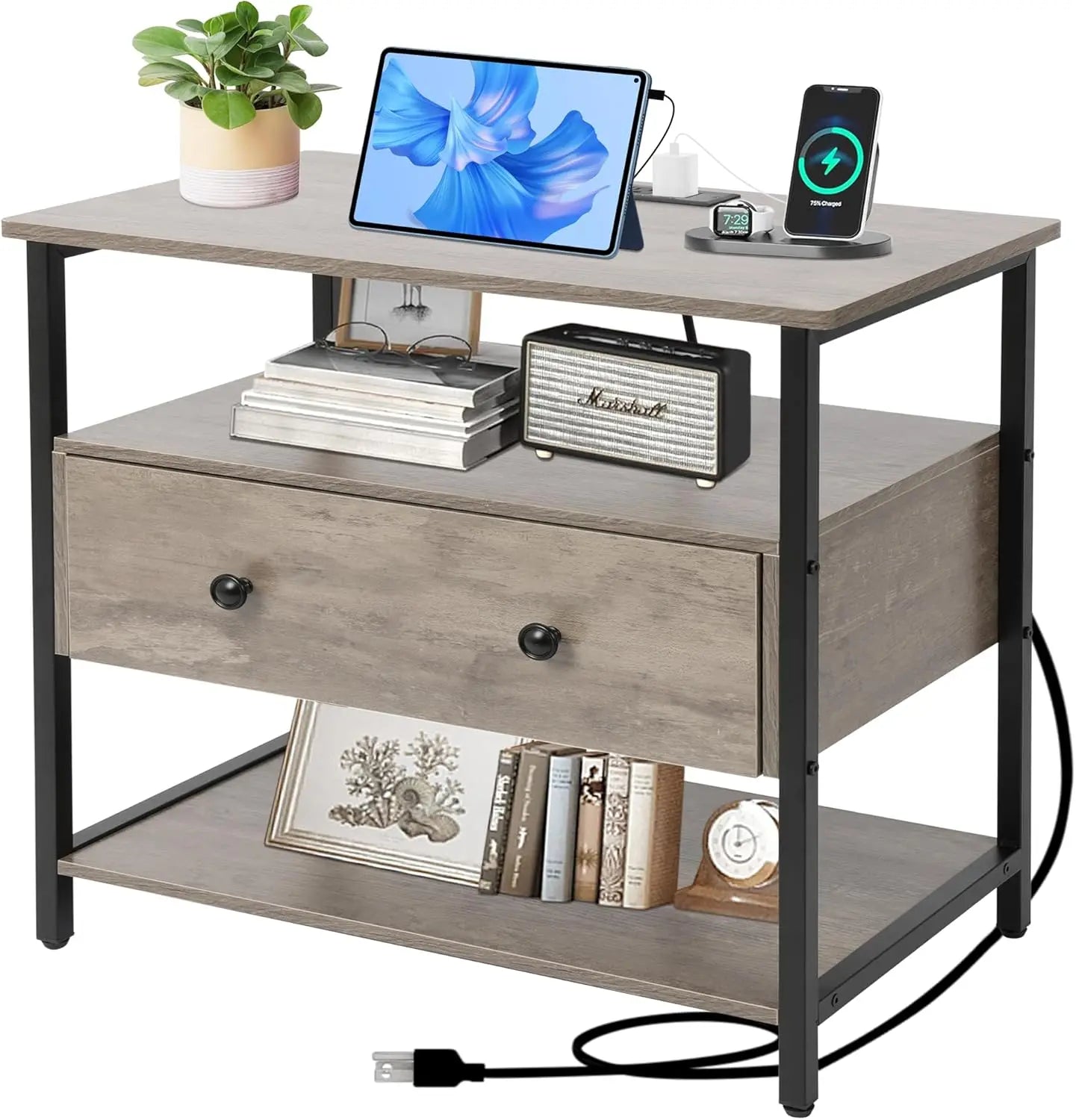 27 inch Nightstand Side Table with 1 Layer of Wooden Drawers，Nightstand with Charging Station,End Table Bedside Table