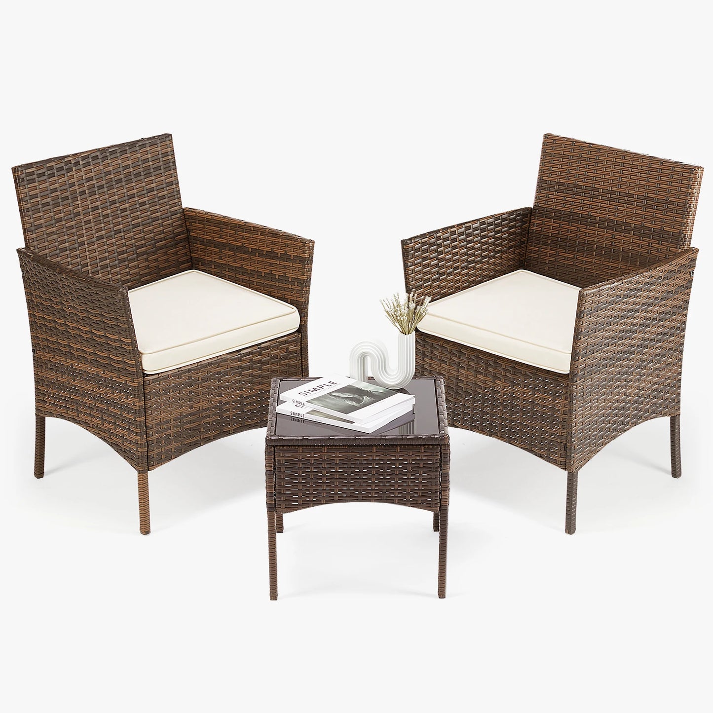 JHK Outdoor Patio Furniture Set 3 Pieces with Soft Cushion and Glass Table Manual Weaving Wicker Rattan Patio Chairs For Garden