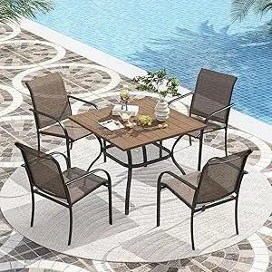 7 Pieces Patio Dining Set, Patio Furniture Set of 6 Patio Stackable Dining Chairs and Outdoor Rectangular Metal Table with Stor