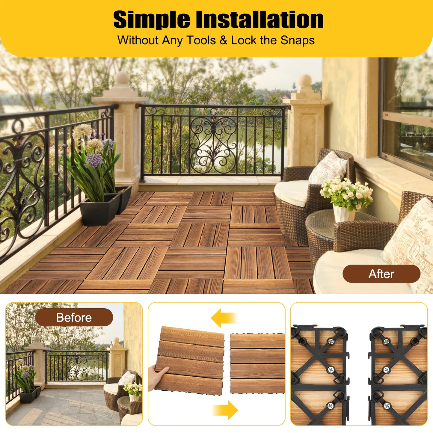 Wood Interlocking Deck Tiles 36 Count Waterproof Flooring
