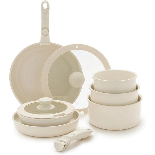 Click 10-Piece Ceramic Nonstick Cookware Set, Detachable Handle, Stackable Space Saving Kitchen Essential