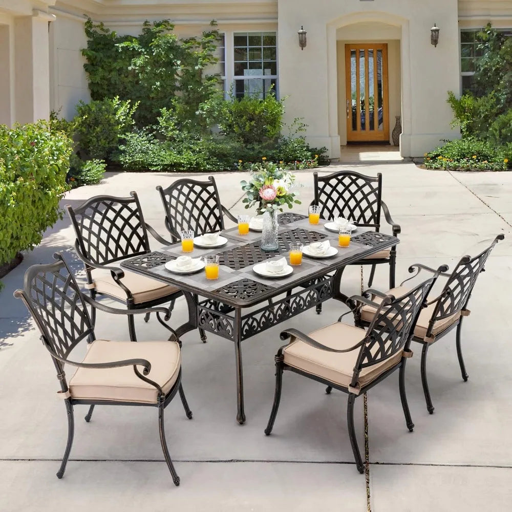 7-Piece Cast Aluminum Outdoor Table and Chairs, Antique Bronze Patio Dining Sets Include 60" Large Patio Dining Table and 6 Chai