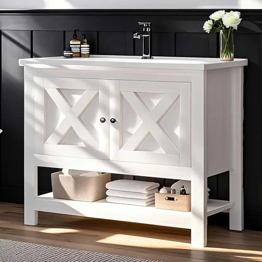 Farmhouse Bathroom Vanity with Sink, 35 Inch Bathroom Vanity Cabinet, Freestanding Vanity, 2 Doors and Open Shelf,