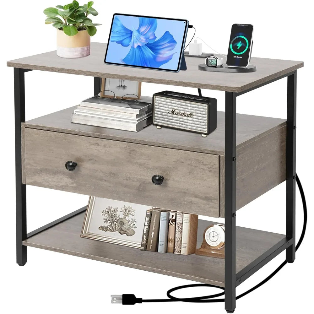 27 inch Nightstand Side Table with 1 Layer of Wooden Drawers，Nightstand with Charging Station,End Table Bedside Table