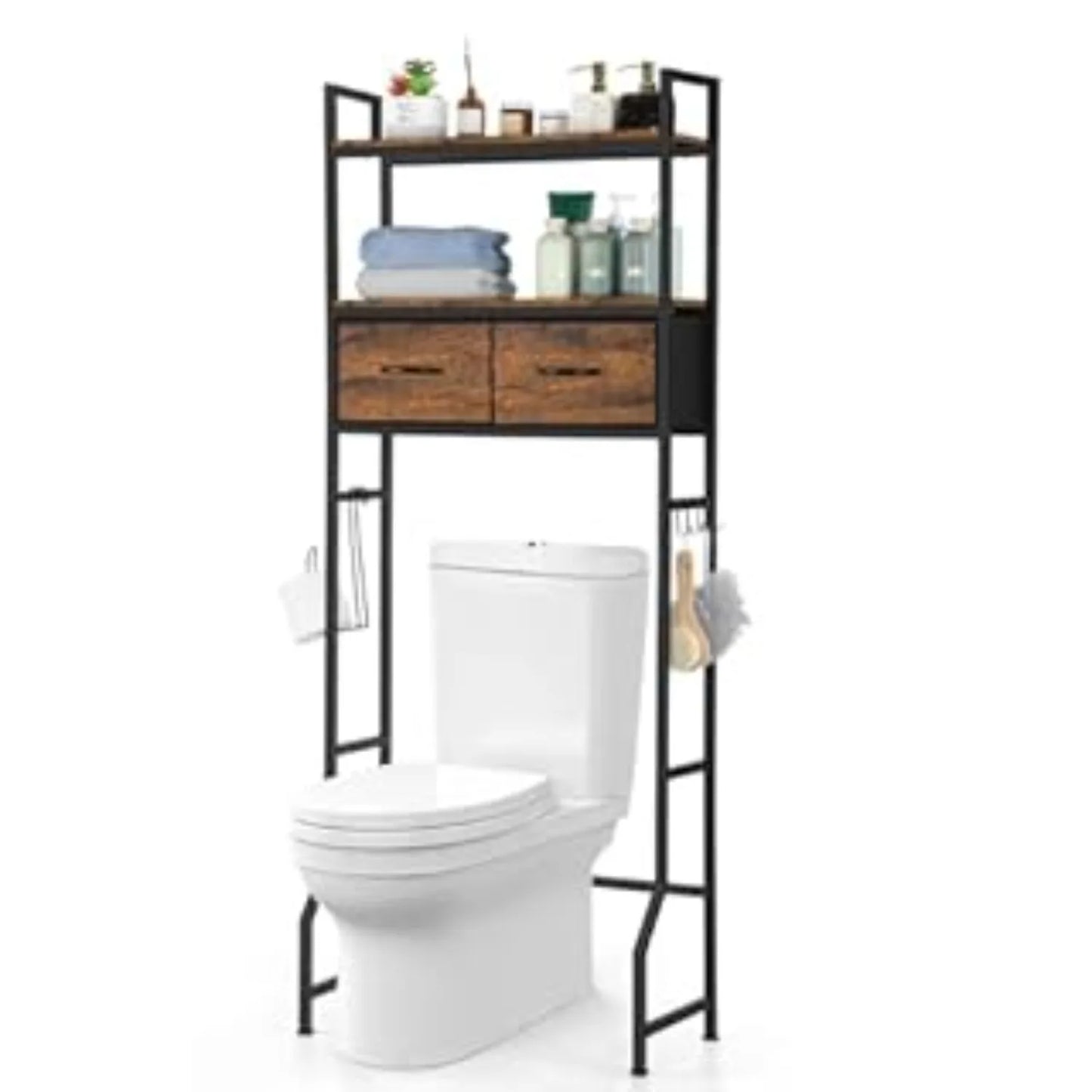 Over-Toilet Storage Cabinet with Fabric Drawers - Space-Saving Bathroom Shelf Organizer, Fits Most Toilets, Rustic Brown