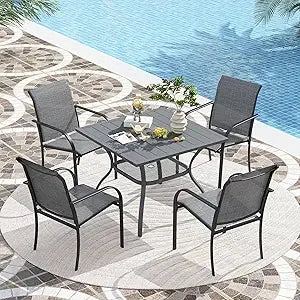 7 Pieces Patio Dining Set, Patio Furniture Set of 6 Patio Stackable Dining Chairs and Outdoor Rectangular Metal Table with Stor