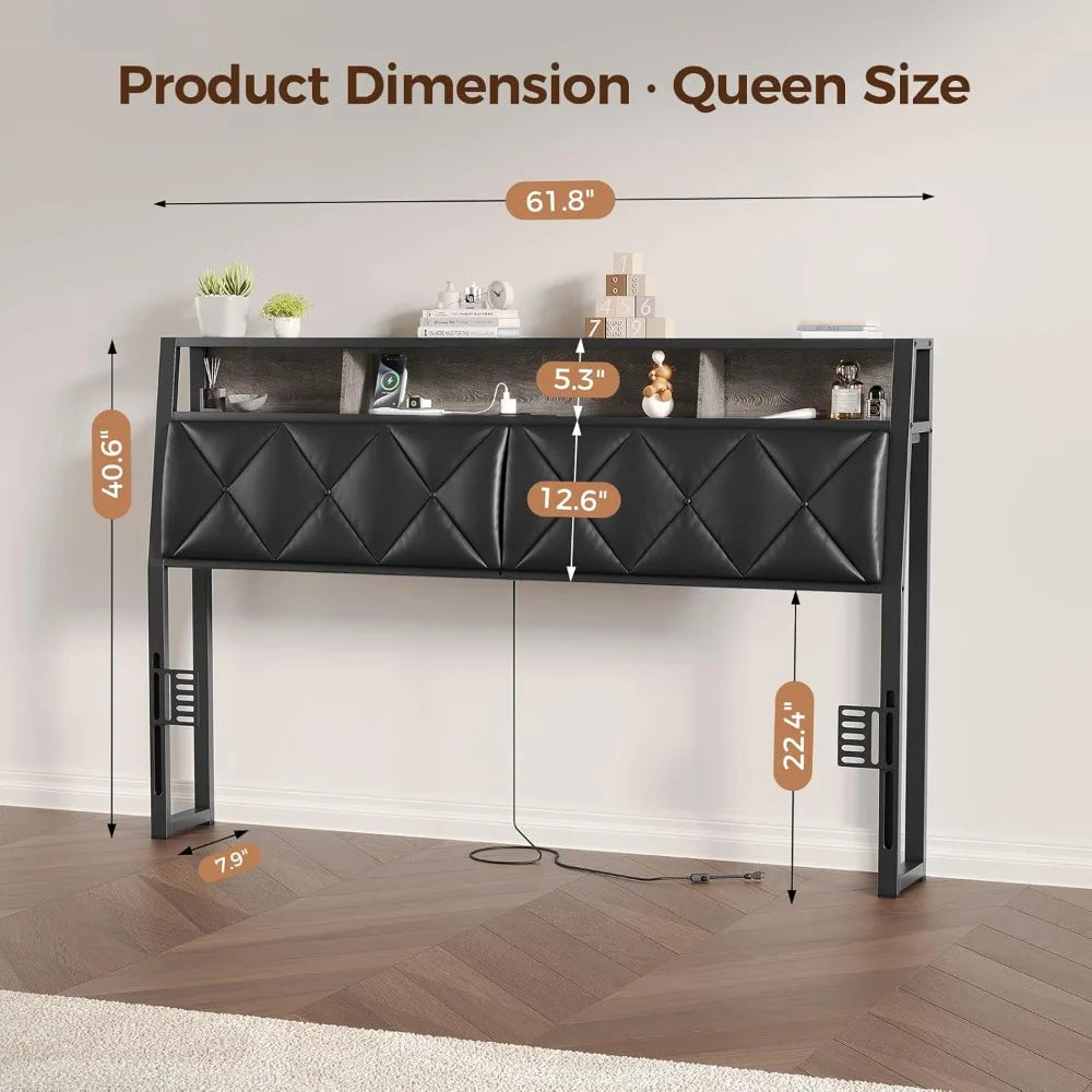 Headboard for Queen Size Bed with Storage, Upholstered Headboards with LED Lights & Charging Station, Queen Headboard Only