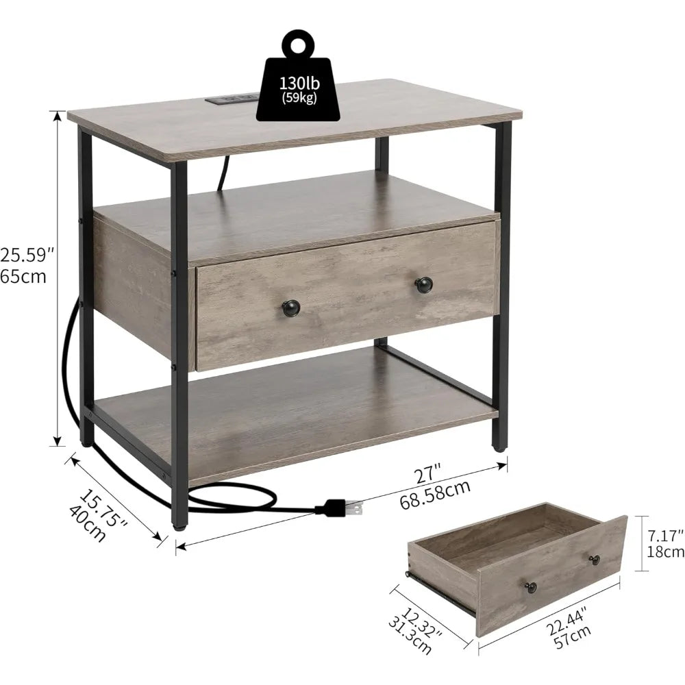 27 inch Nightstand Side Table with 1 Layer of Wooden Drawers，Nightstand with Charging Station,End Table Bedside Table