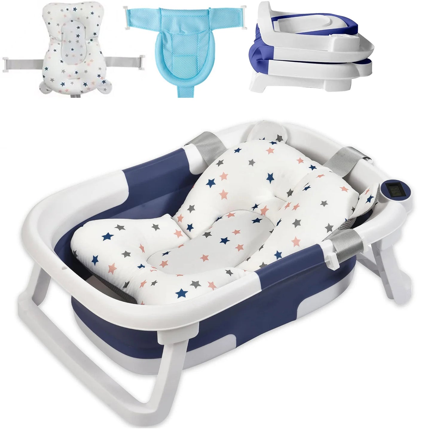 Foldable Baby Bath Tub With Bath Cushion And Thermometer